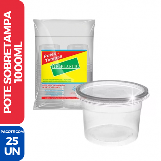 Pote Descartável Redondo Doce C/ Sobretampa 1000ML - 25 Unidades