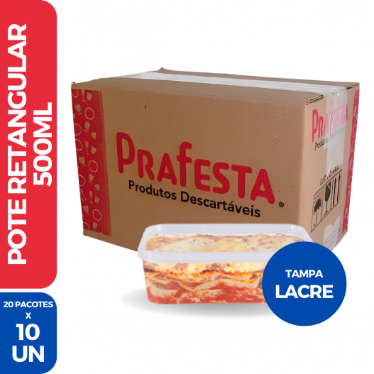 Pote Retangular Tampa C/ Lacre 500ML - 20 Pacotes de 10 Unidades