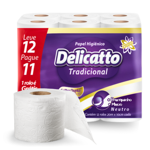 Rolo Papel Higiênico 20MTS Delicatto Folha Dupla - 12 Unidades