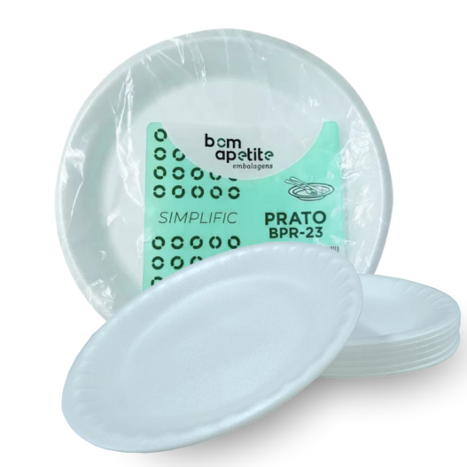 Prato Isopor EPS Raso 23cm Descartável Branco Churrasco BPR-23 Bom Apeite - 250 Unidades