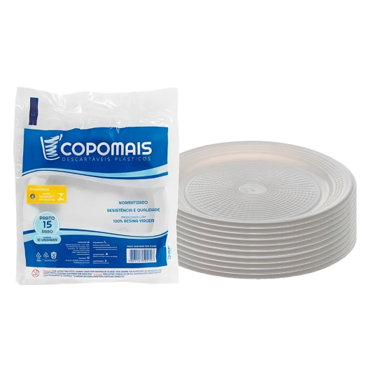 Prato Raso Branco Descartável PR-15 15cm Festa Sobremesa Copomais - 10 Unidades