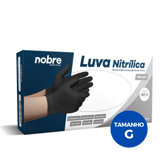 Luva Nitrílica Descartável Antiderrapante Procedimentos Preta S/ Pó Nobre ( G ) - 100 Unidades