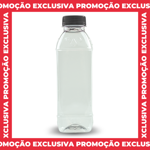 Garrafa Plástica Quadrada PET Descartável Caldo De Cana 500ml Tampa Preta - 100 unidades