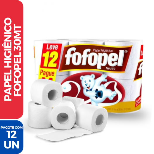 Rolo Papel Higiênico 30MTS Fofopel Folha Dupla - 12 Unidades