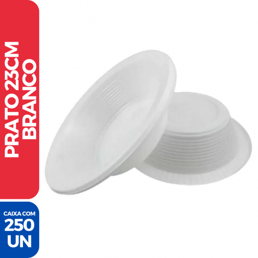 Prato Plástico Descartável 23cm Branco Fundo - 250 Unidades