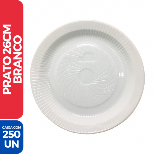 Prato Plástico Descartável 26cm Branco Raso - 250 Unidades