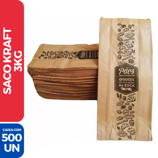 Saco de Pão Doces Salgado Impresso Kraft 3KG - 500 Unidades