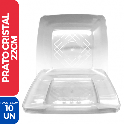 Prato Acrílico Quadrado Refeição Resistente Cristal 22cm - 10 Unidades