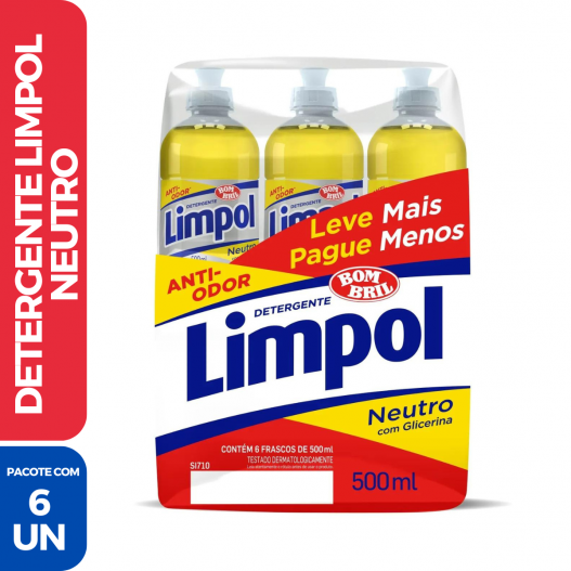 Detergente Líquido Limpol Neutro Bombril Frasco 500ML - 6 Unidades