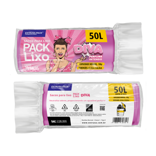 Saco de Lixo Rosa Diva 50 litros - Rolo com 30 unidades (63 x 80 cm)