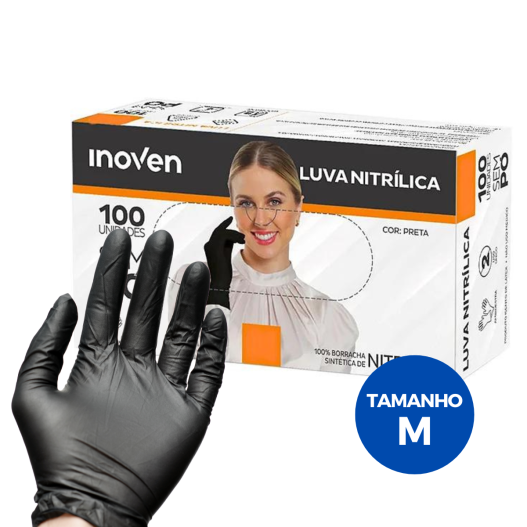 Luva Nitrílica Descartável Antiderrapante Procedimentos Preta S/ Pó  ( M ) - 100 Unidades